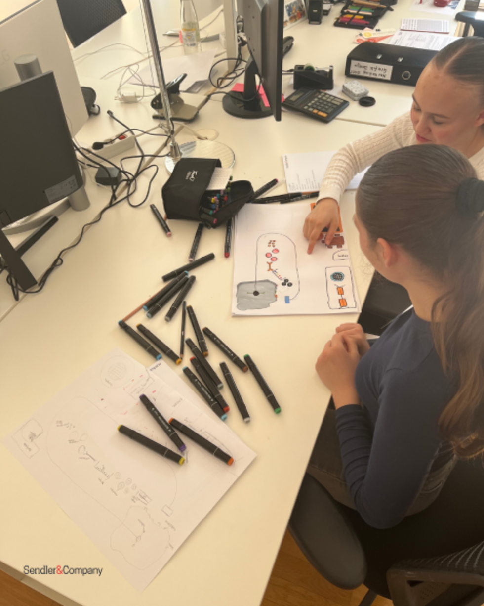 Zwei Girls' Day-Teilnehmerinnen sitzen an einem Tisch und besprechen ein Diagramm mit Markern und Notizen, umgeben von Computern und Büroausstattung